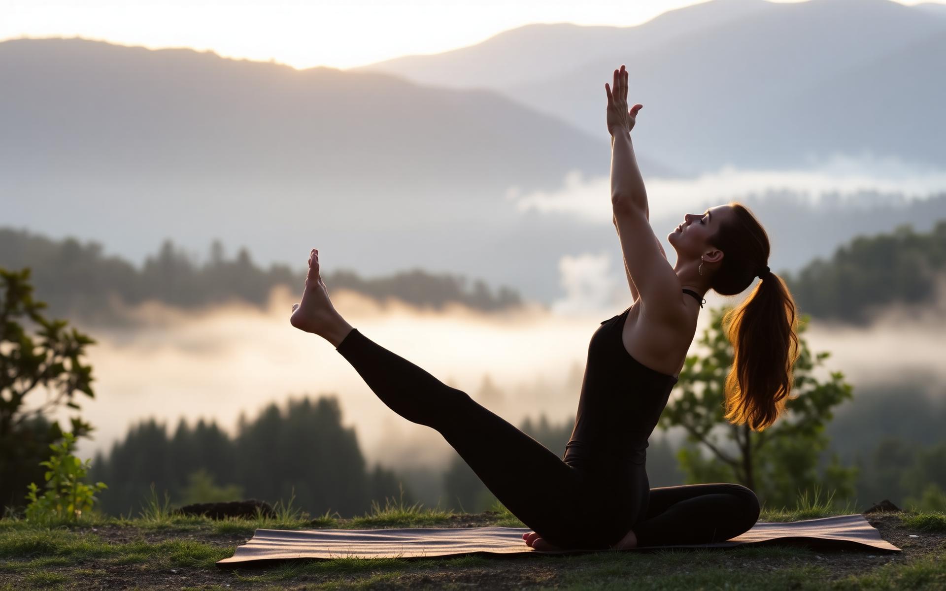 Woman practicing yoga at sunrise